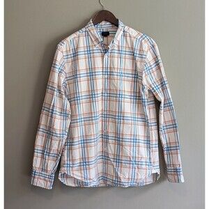 J.Crew Mens Medium Orange Plaid Button Down Shirt Slim Fit Cotton Blue White